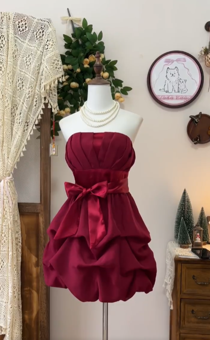 Unique Ball Gown Strapless Burgundy Senior Short Hoco Court High School Homecoming Dresses N4576