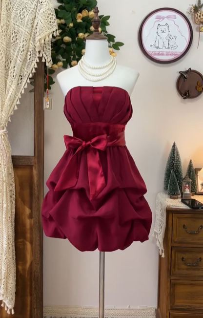 Unique Ball Gown Strapless Burgundy Senior Short Hoco Court High School Homecoming Dresses N4576