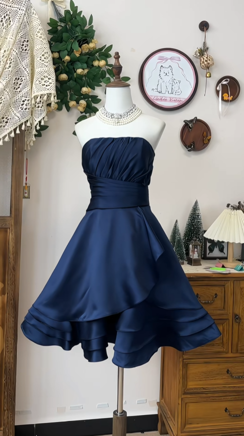 Unique Ball Gown Strapless Navy Blue Satin Senior Short Hoco Court High School Homecoming Dresses N4580