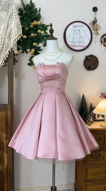 Cute Ball Gown Strapless Pink Satin Dance Senior Short Formal Graduation Inspo Homecoming Dresses N4582
