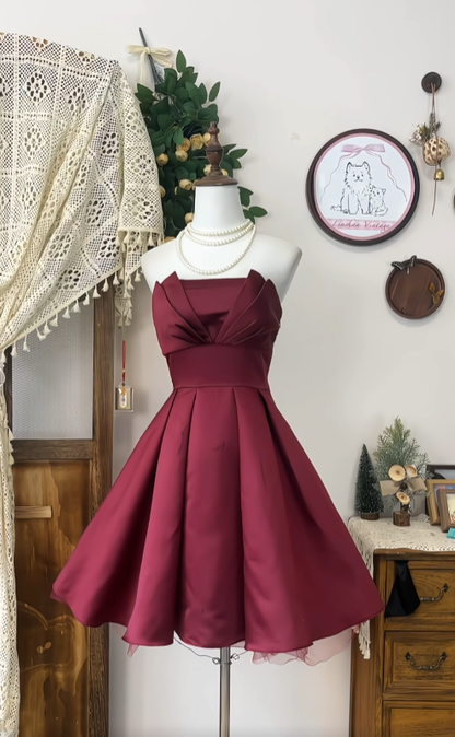 Cute Ball Gown Strapless Burgundy Satin Dance Senior Short Formal Graduation Inspo Homecoming Dresses N4585
