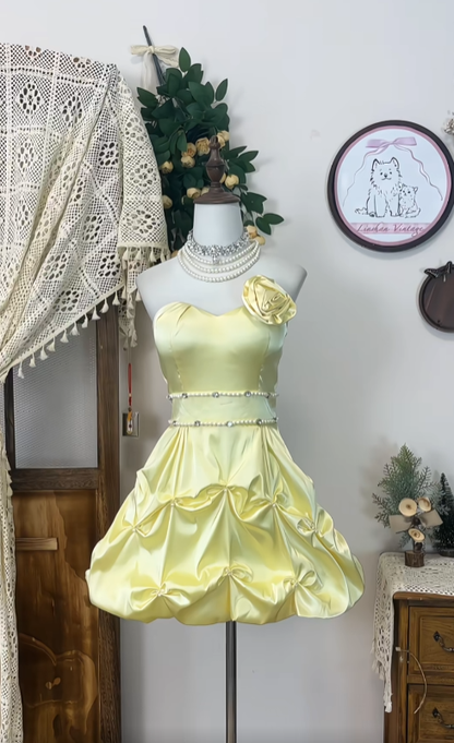 Cute Ball Gown Sweetheart Yellow Satin With Beading Senior Short Formal Graduation Inspo Homecoming Dresses N4586