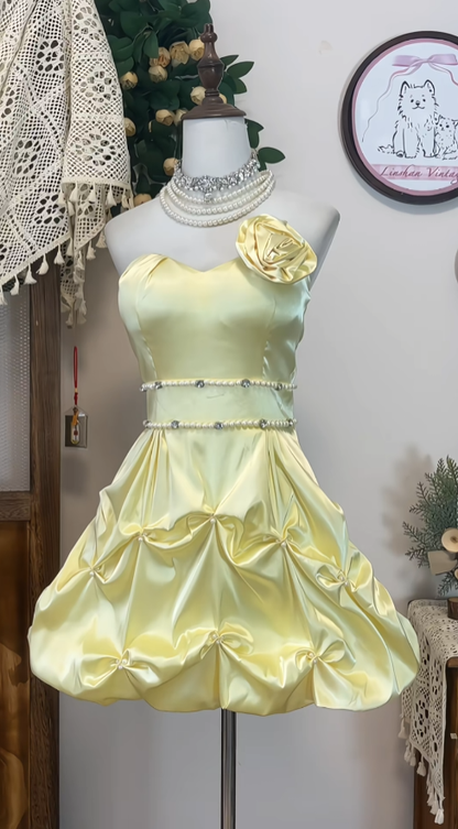 Cute Ball Gown Sweetheart Yellow Satin With Beading Senior Short Formal Graduation Inspo Homecoming Dresses N4586