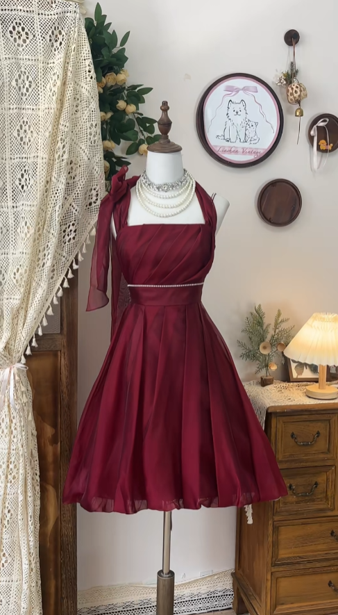 Cute A line Halter Chiffon Burgundy Dance Senior Short Formal Graduation Inspo Homecoming Dresses N4588