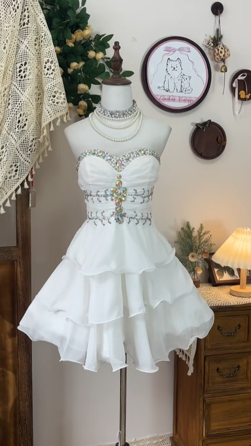 Cute Ball Gown Sweetheart White Chiffon With Beading Senior Short Formal Graduation Inspo Homecoming Dresses N4591