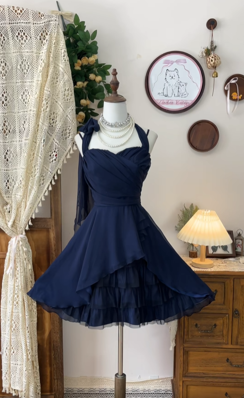 Cute A line Halter Chiffon Navy Blue Dance Senior Short Formal Graduation Inspo Homecoming Dresses N4592