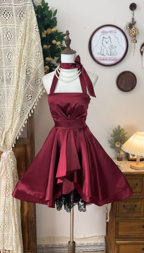 Elegant A line Halter Satin Burgundy Dance Senior Short Formal Graduation Inspo Homecoming Dresses N4597