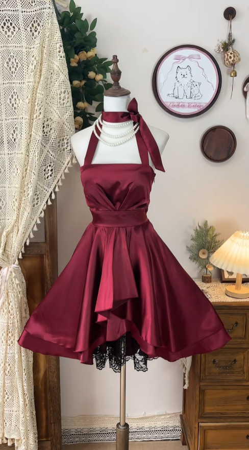 Elegant A line Halter Satin Burgundy Dance Senior Short Formal Graduation Inspo Homecoming Dresses N4597