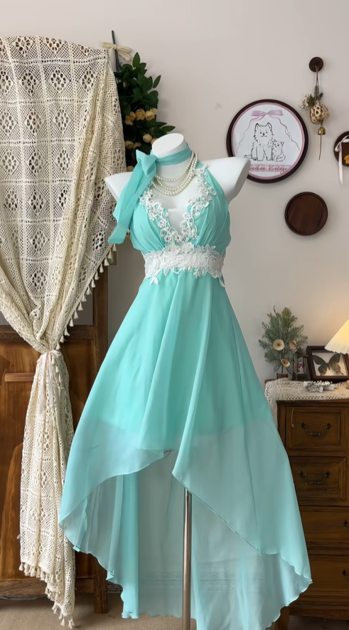 Cute High Low Halter Tiffany Blue Chiffon Senior Formal Graduation Inspo Homecoming Dresses N4598