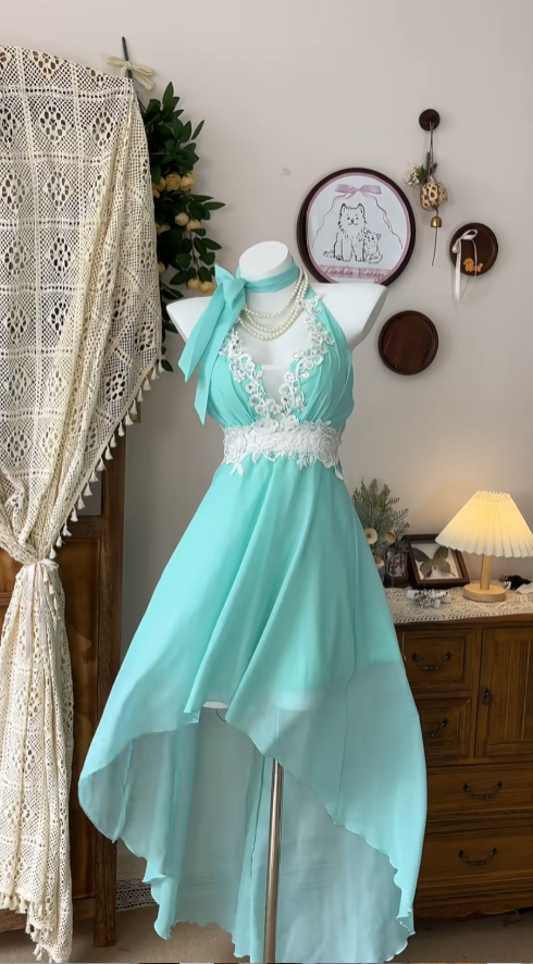 Cute High Low Halter Tiffany Blue Chiffon Senior Formal Graduation Inspo Homecoming Dresses N4598
