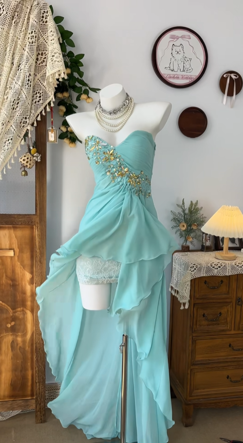 Cute High Low Sweetheart Tiffany Blue Chiffon Senior Formal Graduation Inspo Homecoming Dresses N4601