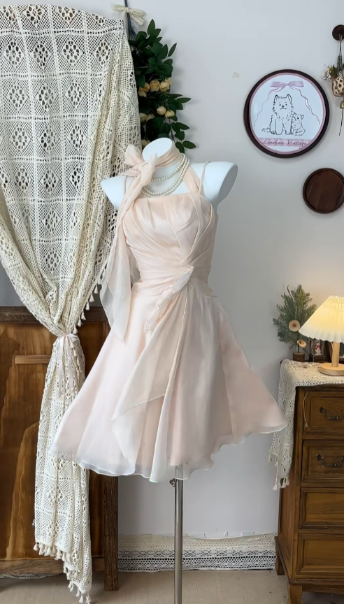 Elegant A line Halter Blush Pink Chiffon Dance Senior Short Inspo Formal Graduation Inspo Homecoming Dresses N4605