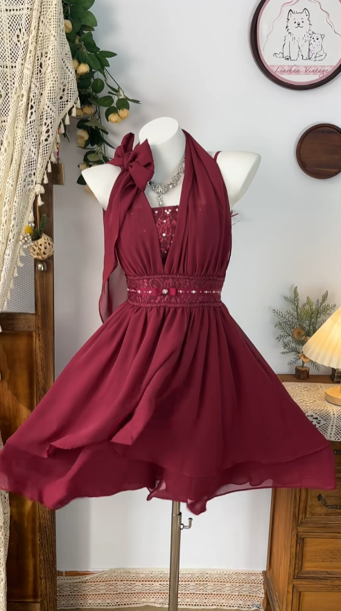 Elegant A Line Halter Burgundy Chiffon Dance Senior Short Inspo Formal Graduation Inspo Homecoming Dresses N4609