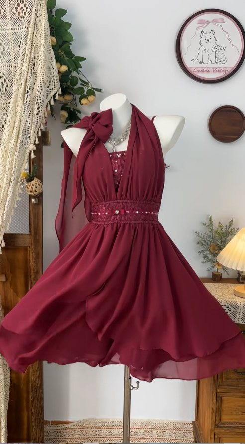 Elegant A Line Halter Burgundy Chiffon Dance Senior Short Inspo Formal Graduation Inspo Homecoming Dresses N4609