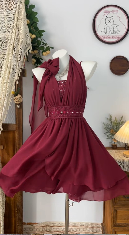 Elegant A Line Halter Burgundy Chiffon Dance Senior Short Inspo Formal Graduation Inspo Homecoming Dresses N4609