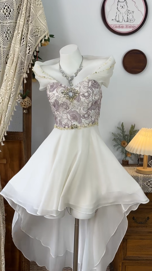 Modest High Low Off The Shoulder White Chiffon Senior Formal Graduation Inspo Homecoming Dresses N4617