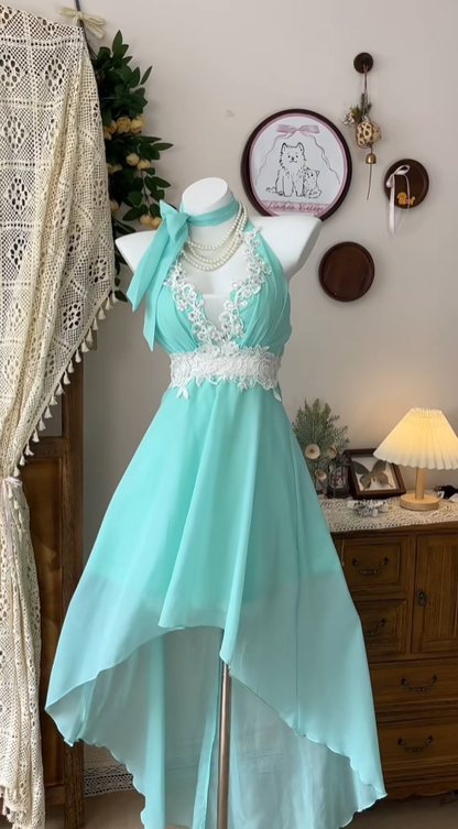Cute Ball Gowns Tiffany Blue Chiffon Halter Lace Senior Formal Graduation Inspo Homecoming Dresses N4617