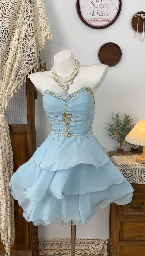 Beautiful Ball Gown Sweetheart Blue Chiffon With Beading Senior Short Formal Graduation Inspo Homecoming Dresses N4621