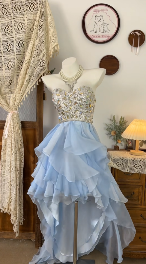 Glamorous High Low Sweetheart Blue Chiffon Senior Formal Graduation Inspo Prom Homecoming Dresses N4623