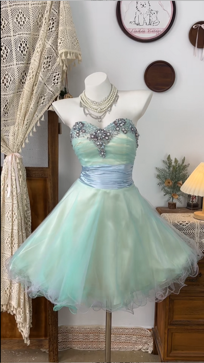 Beautiful Ball Gown Sweetheart Sage Green Tulle With Beading Senior Short Formal Graduation Inspo Homecoming Dresses N4630