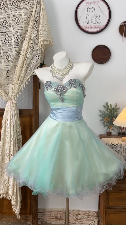 Beautiful Ball Gown Sweetheart Sage Green Tulle With Beading Senior Short Formal Graduation Inspo Homecoming Dresses N4630