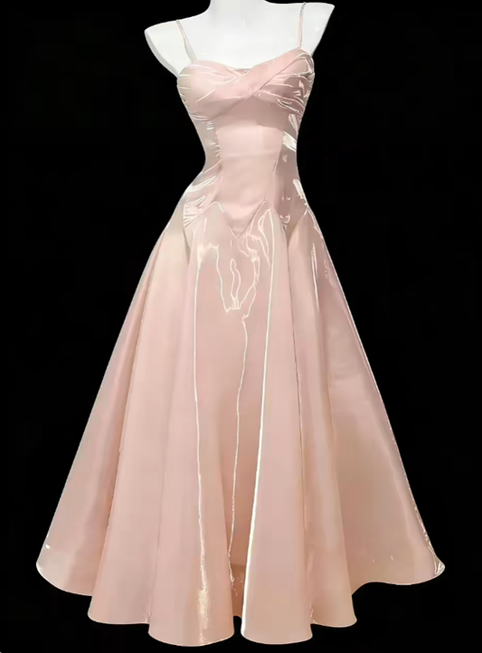 Simple A Line Spaghetti Strap Pink Ankle Length Summer Birthday Elegant Outfit Wedding Guest Dresses N4634