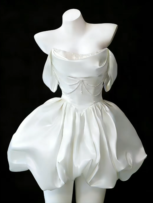 Cute Ball Gowns Off The Shoulder White Satin Dance Senior Short Inspo Formal Graduation Homecoming Dresses N4638