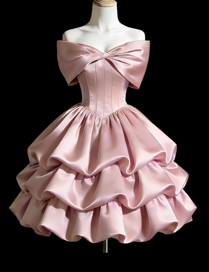 Cute Ball Gowns Off The Shoulder Pink Satin Dance Senior Short Inspo Formal Graduation Homecoming Dresses N4640