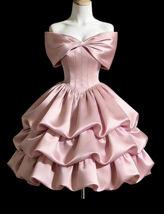 Cute Ball Gowns Off The Shoulder Pink Satin Dance Senior Short Inspo Formal Graduation Homecoming Dresses N4640