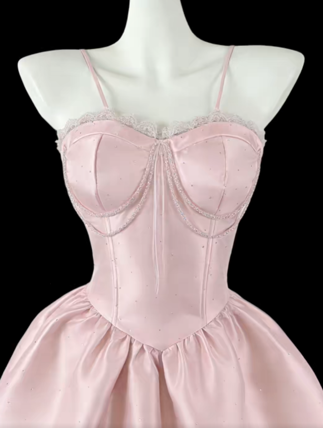 Pretty Ball Gown Spaghetti Strap Pink Satin Lace Mini Senior Short Graduation High School Homecoming Dresses N4643