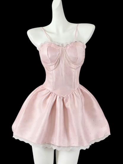 Pretty Ball Gown Spaghetti Strap Pink Satin Lace Mini Senior Short Graduation High School Homecoming Dresses N4643
