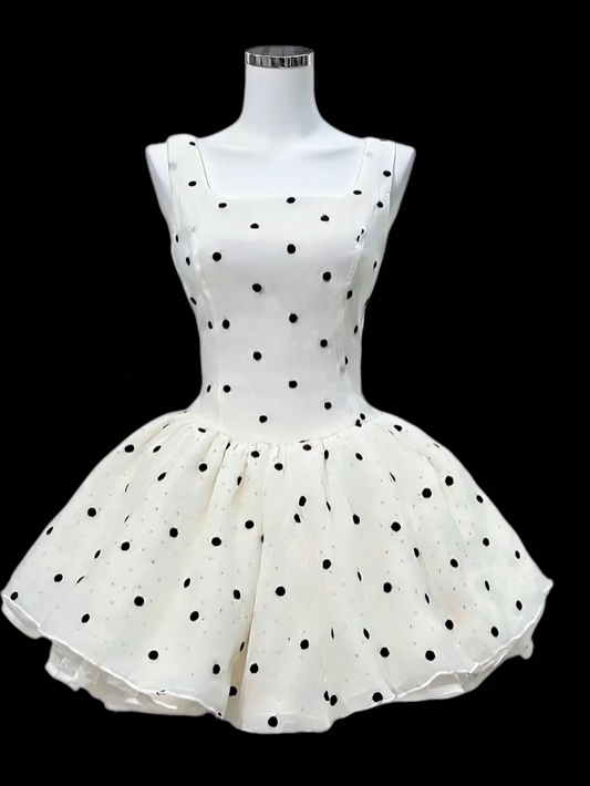 Gorgeous Ball Gowns Square Neck Polka Dots White Mini Senior Short Hoco Gown High School Homecoming Dresses N4644