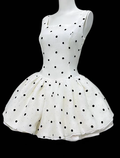 Gorgeous Ball Gowns Square Neck Polka Dots White Mini Senior Short Hoco Gown High School Homecoming Dresses N4644
