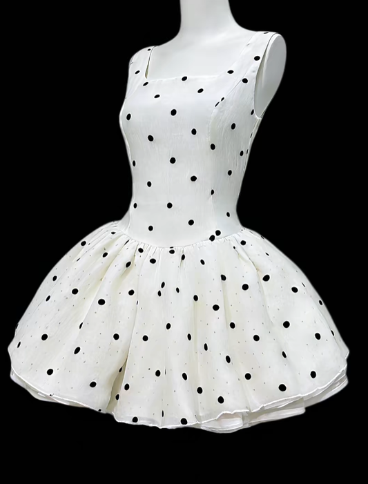 Gorgeous Ball Gowns Square Neck Polka Dots White Mini Senior Short Hoco Gown High School Homecoming Dresses N4644