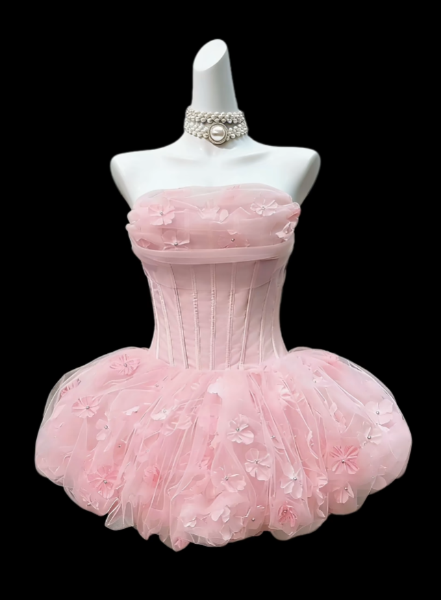 Pretty Ball Gown Sweetheart Pink Tulle With Flowers Senior Inspo Graduation High School Homecoming Dresses N4645