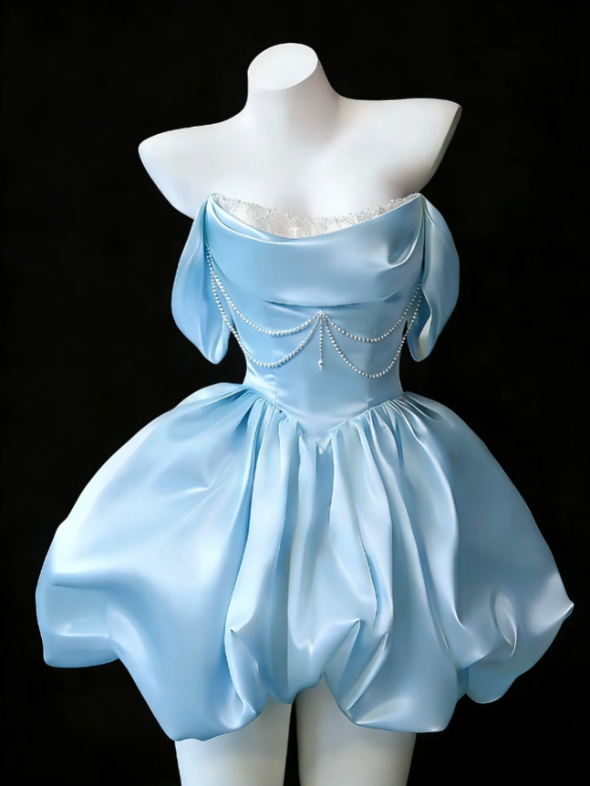 Cute Ball Gowns Off The Shoulder Blue Satin Dance Senior Short Inspo Party Graduation Homecoming Dresses N4646