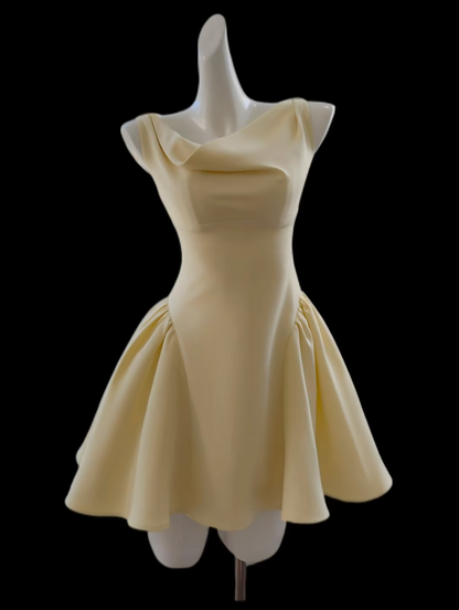 Gorgeous A line Cowl Neck Yellow Satin Mini Senior Short Hoco Gown High School Homecoming Dresses N4649