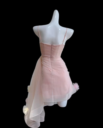 Pretty Sheath Spaghetti Strap Pink Tulle With Flowers Senior Inspo Graduation High School Short Homecoming Dresses N4653