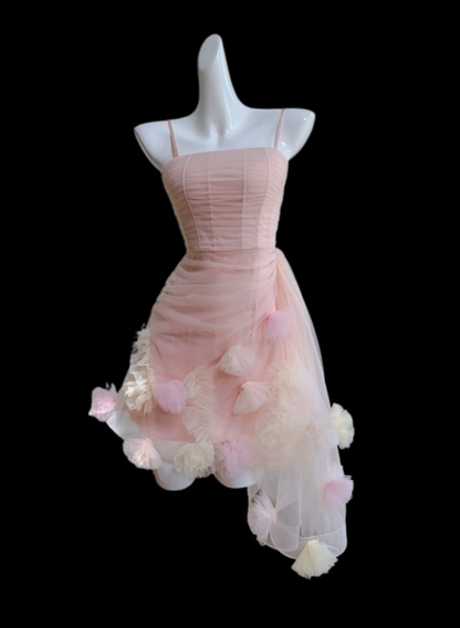 Pretty Sheath Spaghetti Strap Pink Tulle With Flowers Senior Inspo Graduation High School Short Homecoming Dresses N4653