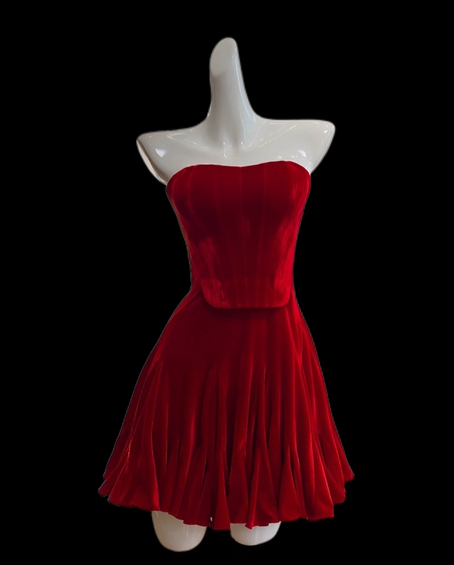 Gorgeous A line Strapless Red Velvet Mini Senior Short Hoco Gown High School Homecoming Dresses N4655