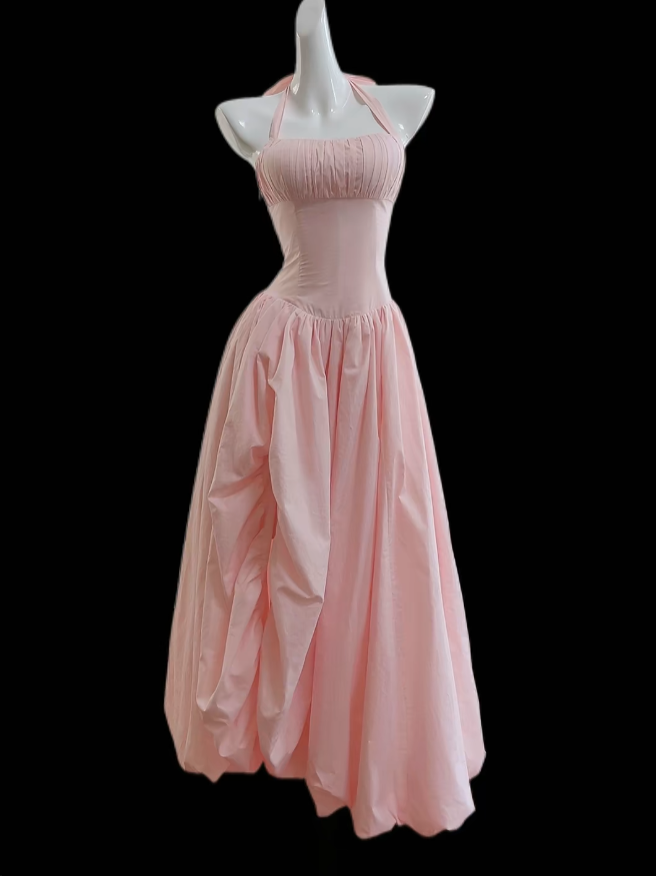 Sexy Prom Dresses Ball Gown Halter Pink With Ruffle Evening Long Formal Dress N4666