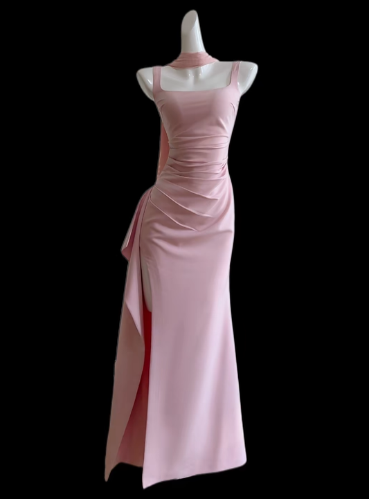 Sexy Prom Dresses Mermaid Square Neck Pink With Split Evening Long Formal Dress N4669