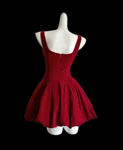 Gorgeous Ball Gown Square Neck Red Velvet Mini Senior Short Hoco Gown High School Homecoming Dresses N4671