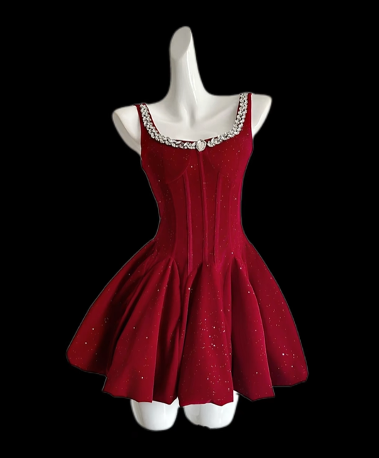 Gorgeous Ball Gown Square Neck Red Velvet Mini Senior Short Hoco Gown High School Homecoming Dresses N4671
