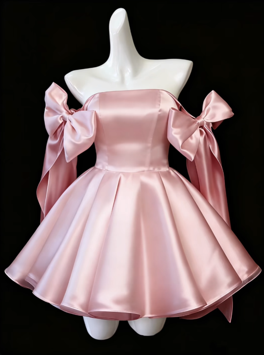 Pretty Ball Gown Strapless Pink Satin With Bow Senior Inspo Graduation High School Short Homecoming Dresses N4678