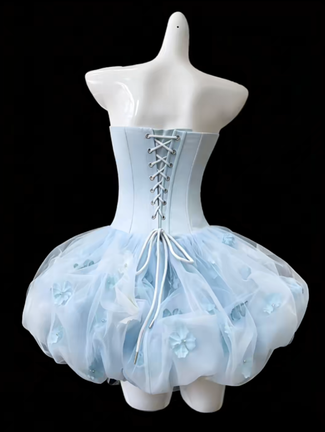 Glamorous Ball Gown Strapless Sleeveless Blue Mini Senior Inspo Graduation With Flowers Short Homecoming Dresses N4681