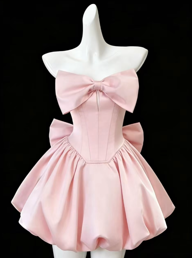 Pretty Ball Gown Strapless Pink Satin With Bow Senior Inspo Graduation Hoco Gowns Short Homecoming Dresses N4683