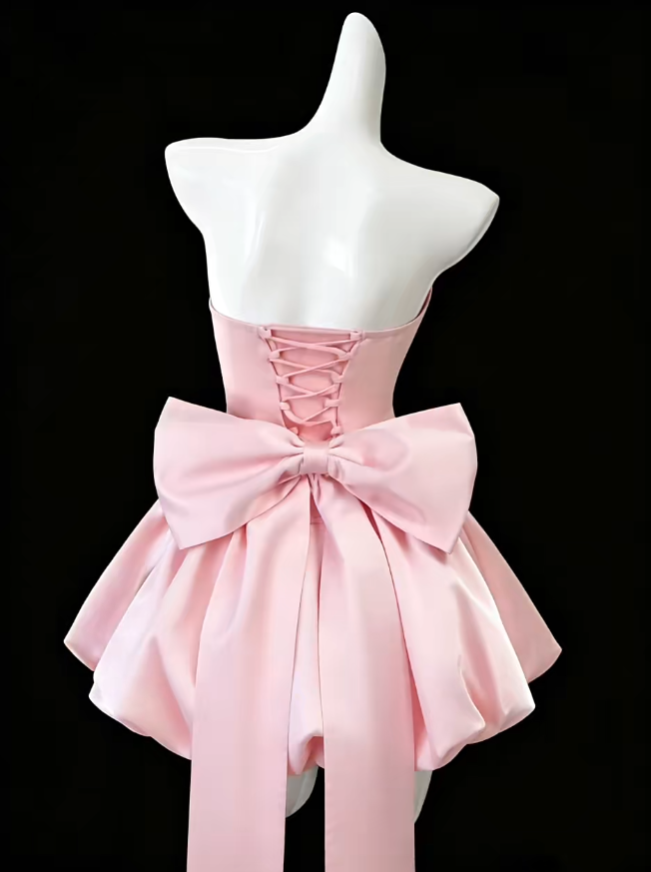 Pretty Ball Gown Strapless Pink Satin With Bow Senior Inspo Graduation Hoco Gowns Short Homecoming Dresses N4683