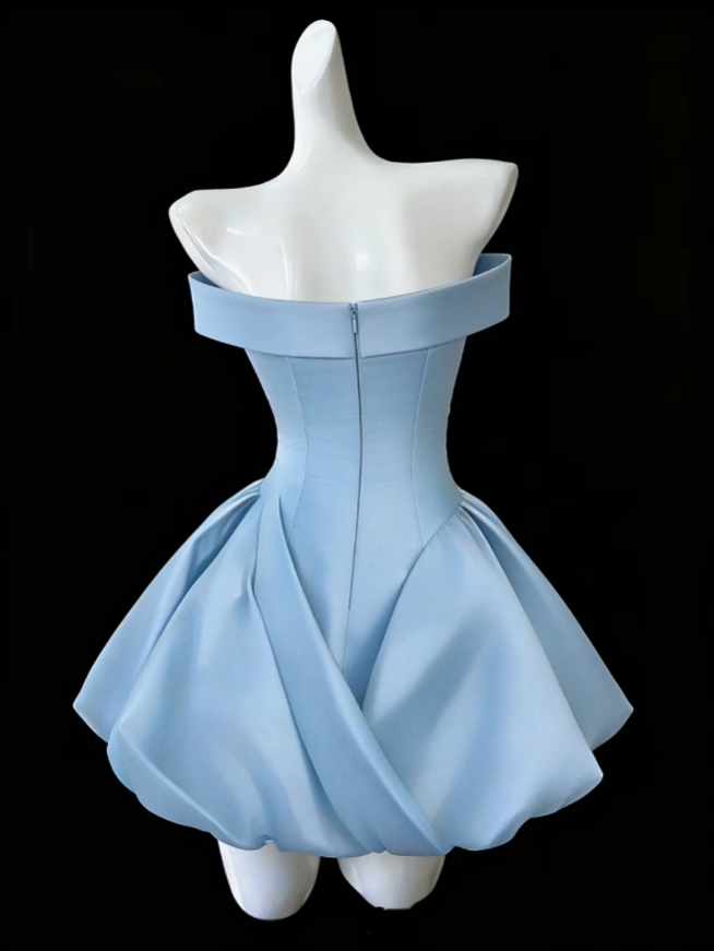 Modest Ball Gown Off The Shoulder Blue Satin Mini Senior Short Hoco Gown High School Homecoming Dresses N4684