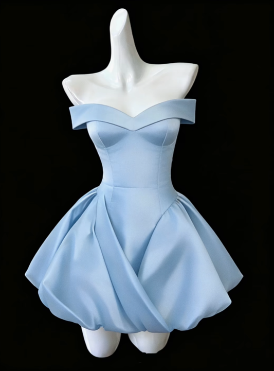 Modest Ball Gown Off The Shoulder Blue Satin Mini Senior Short Hoco Gown High School Homecoming Dresses N4684